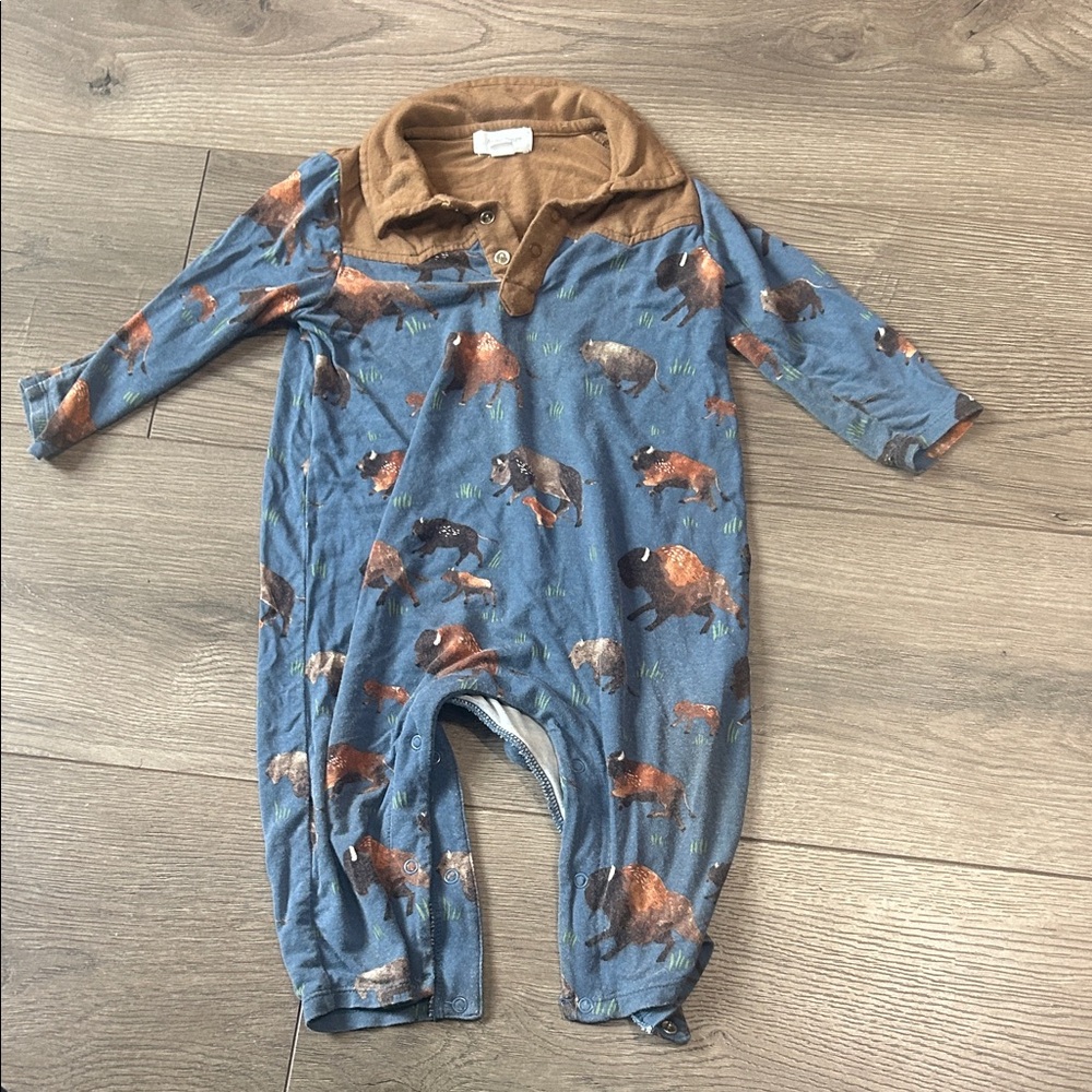 Angel Dear Blue Buffalo Print jumpsuit with Brown Collar